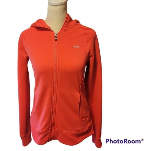 Under Armour UA Coldgear Full Zip Up Hoodie Orange Semi Fitted Womens Size PS - Picture 1 of 9